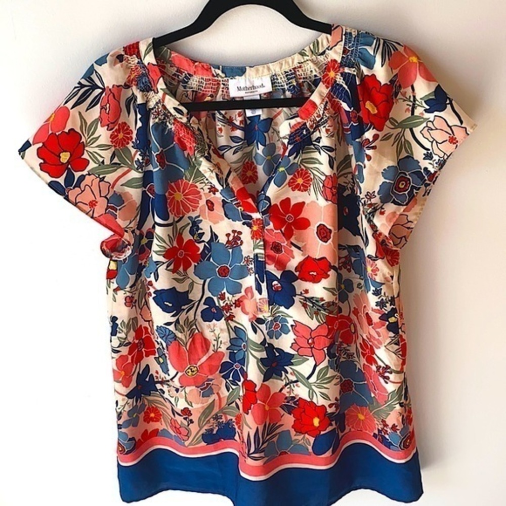 Motherhood Maternity Bright Floral Short SleeveTop Blouse Size Large EUC